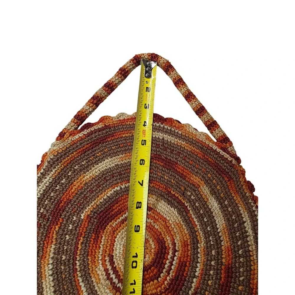 Vintage Handmade Crochet Circle Bag Orange Brown Spiral Round Tote Boho Lined G1
